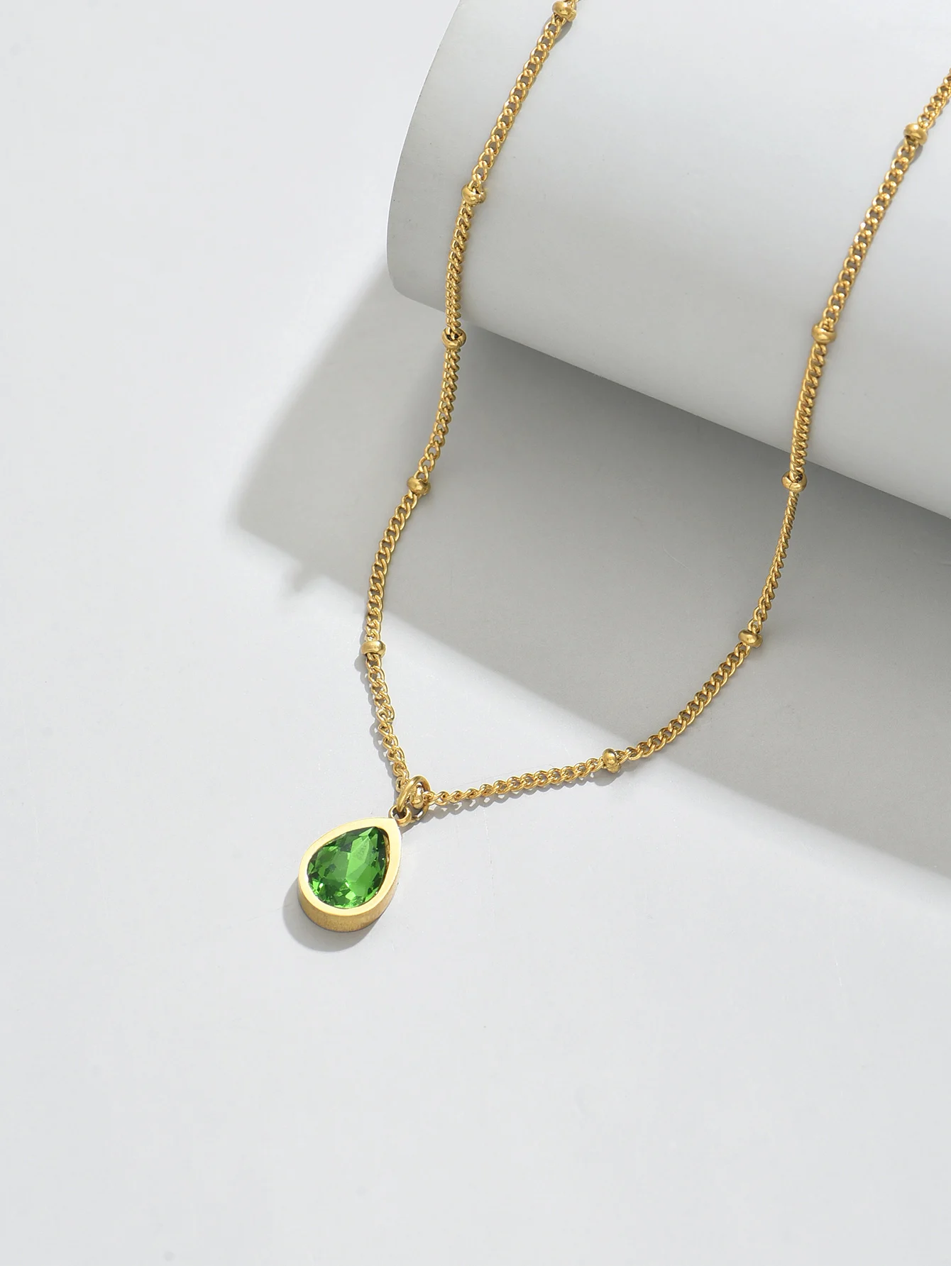 1PC Titanium steel bead chain Green yellow Zircon teardrop pendant Jewelry necklace 18k gold plated gift party