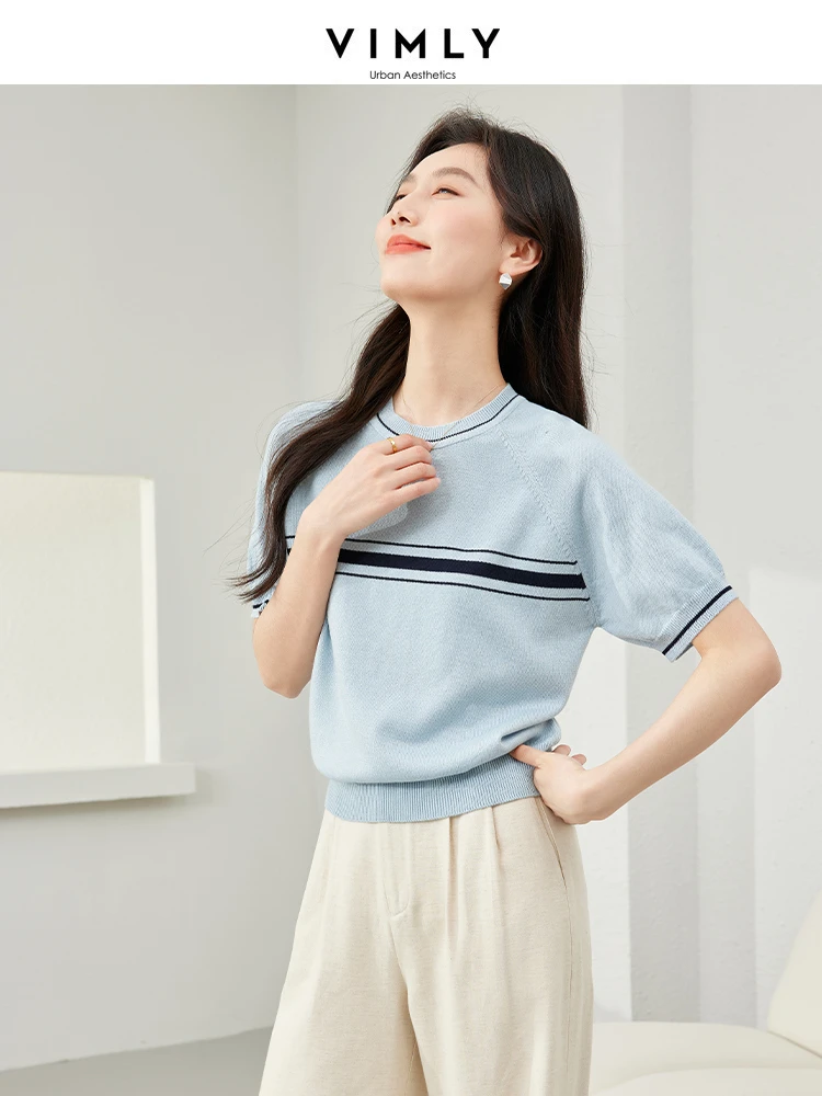 Vimly Contrast Striped Short Sleeve T-shirts Woman 2024 Summer High Strecth Simple Soft Knitted Pullovers Female Knitwear 72898