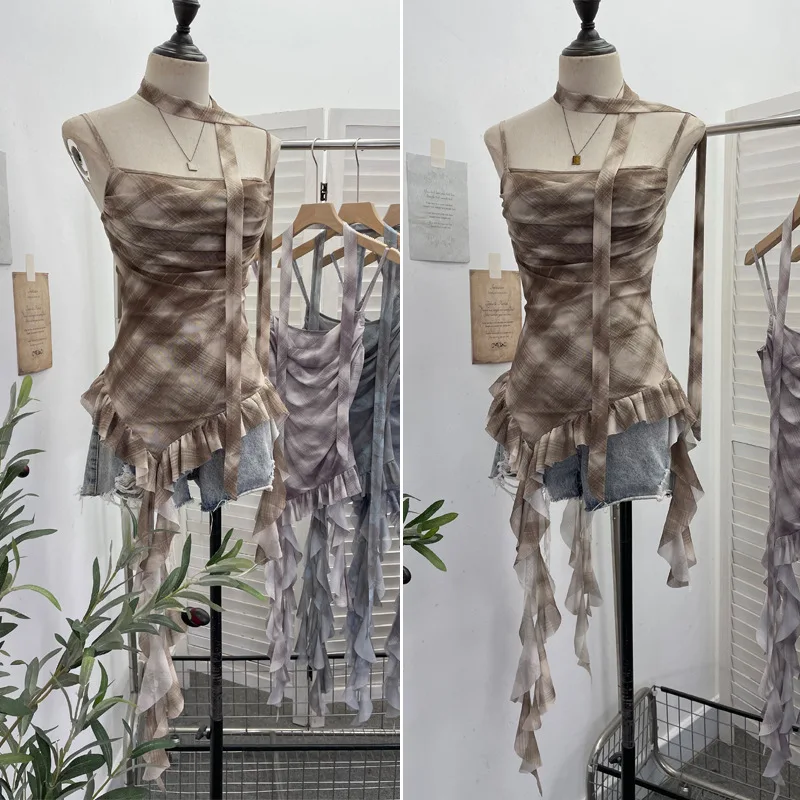 ISAROSE Y2K Scarf Camisole for Women Summer Stretch Breathable Mesh Plaid Asymmetrical Spaghetti Straps Ruffle One Size Tops