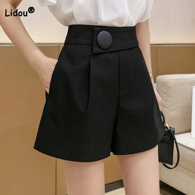 

Simplicity Women Clothing Button Patchwork Pockets Solid High Waist Zipper Shorts Summer All-match Slim Wide Leg Casual Pants