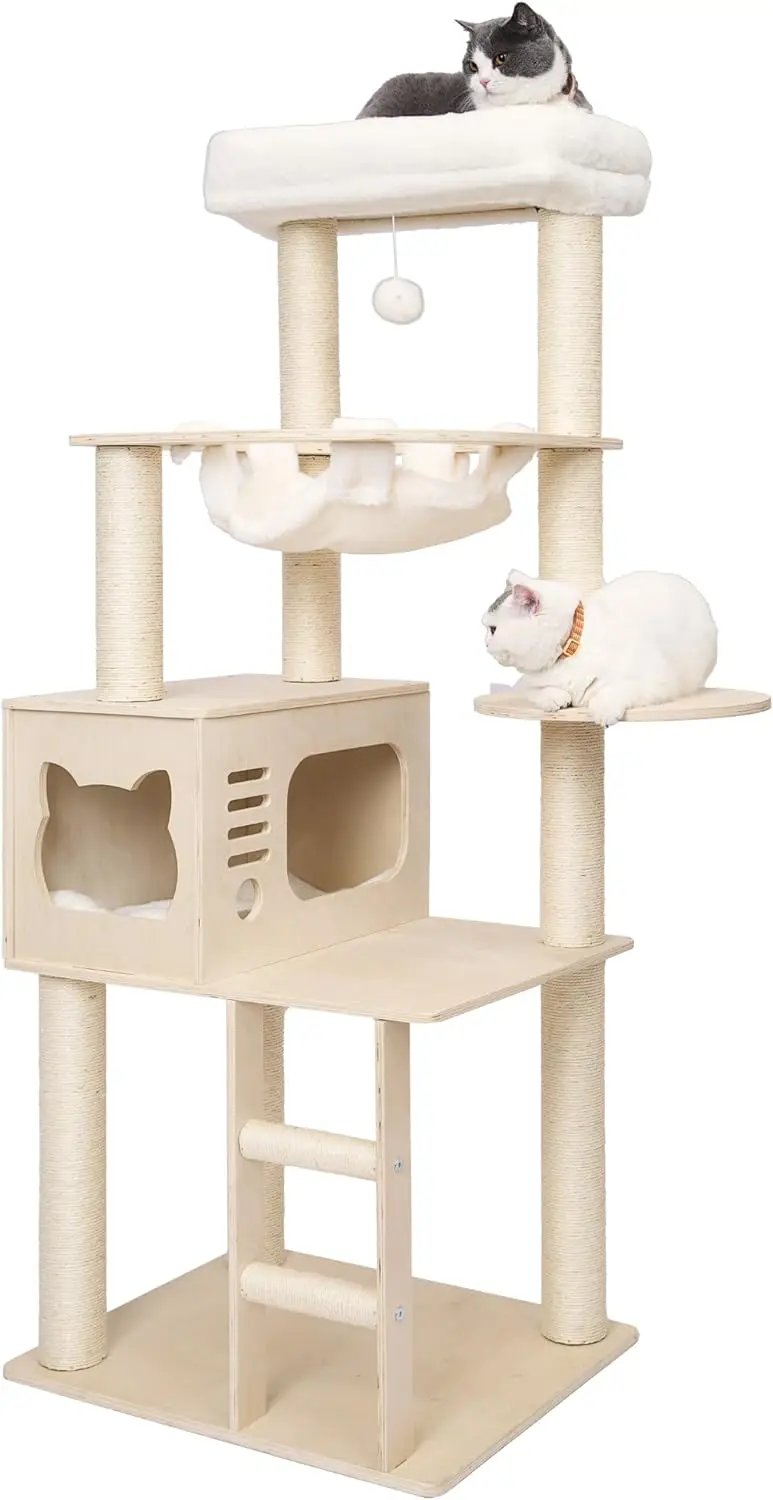 

61 Inches Modern Tree for Large Cat, Super Stable Wobble Free Wooden Cat Tower, Condo for Indoor Cats