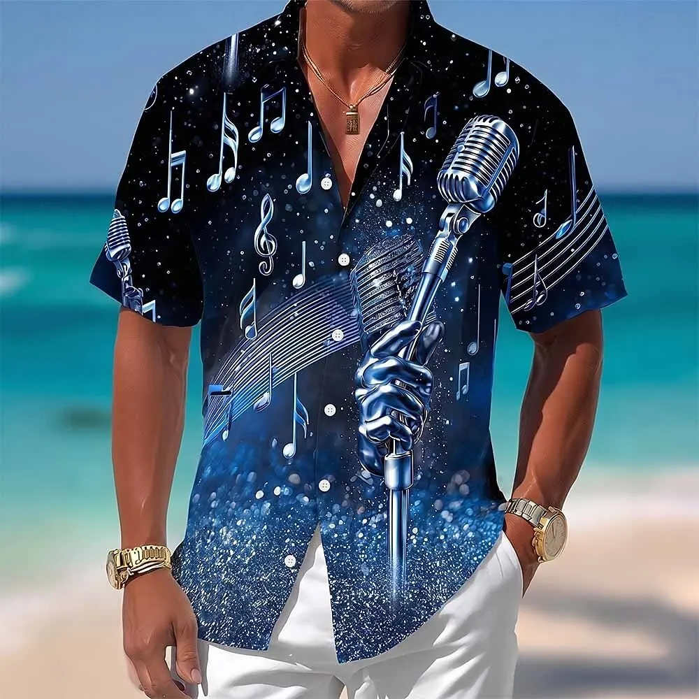 Men's Gradient Microphone 3D Print Short Sleeve Shirt Vintage Retro Outdoor Beach Music Festival Casual Tops Spring Summer