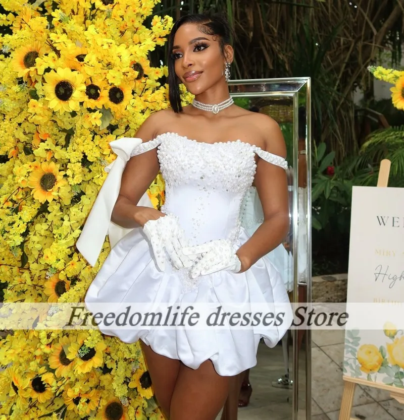 Short Wedding Dresses For Bride Pearls Off The Shoulder Civil Bridal Gowns Bow Wedding Recpetion Dress Customized