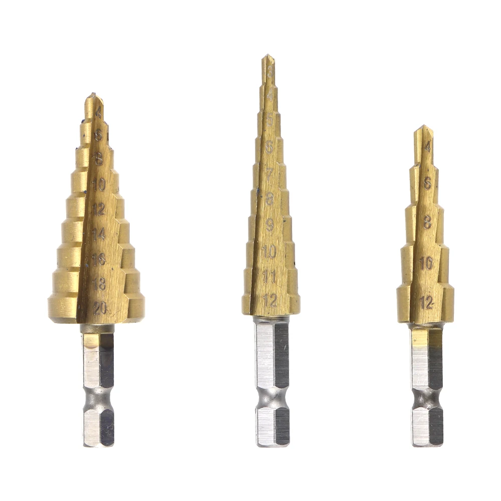 HIFESON 3-12mm 4-12mm 4-20mm HSS Straight Groove Step Drill Bit Set Titanium Coated Wood Metal Hole Cutter Core Drill Bit Set