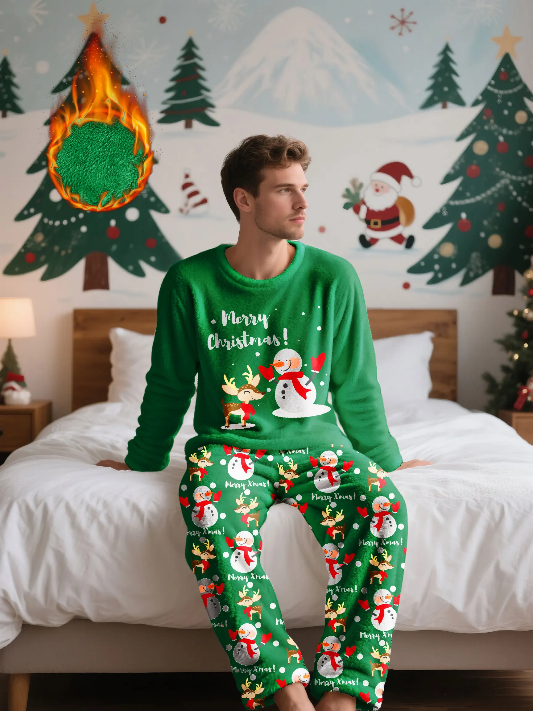 

Men's Christmas-themed fleece pajama set, featuring a long-sleeve top and matching pants, comfortable and casual loungewear