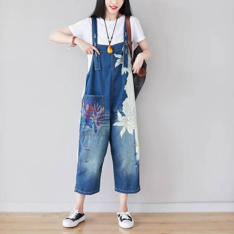 Wide Leg Denim Jumpsuit Women Hip hop Straight Printed Overalls Drop Crotch Bib Jeans Baggy cowboy Boyfriend Rompers