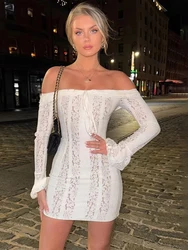 JULISSA MO Sexy Off Shoulder Transparent Lace Women Dress White Flare Sleeve Evening Dress Autumn Slim Elegant Party Streetwear