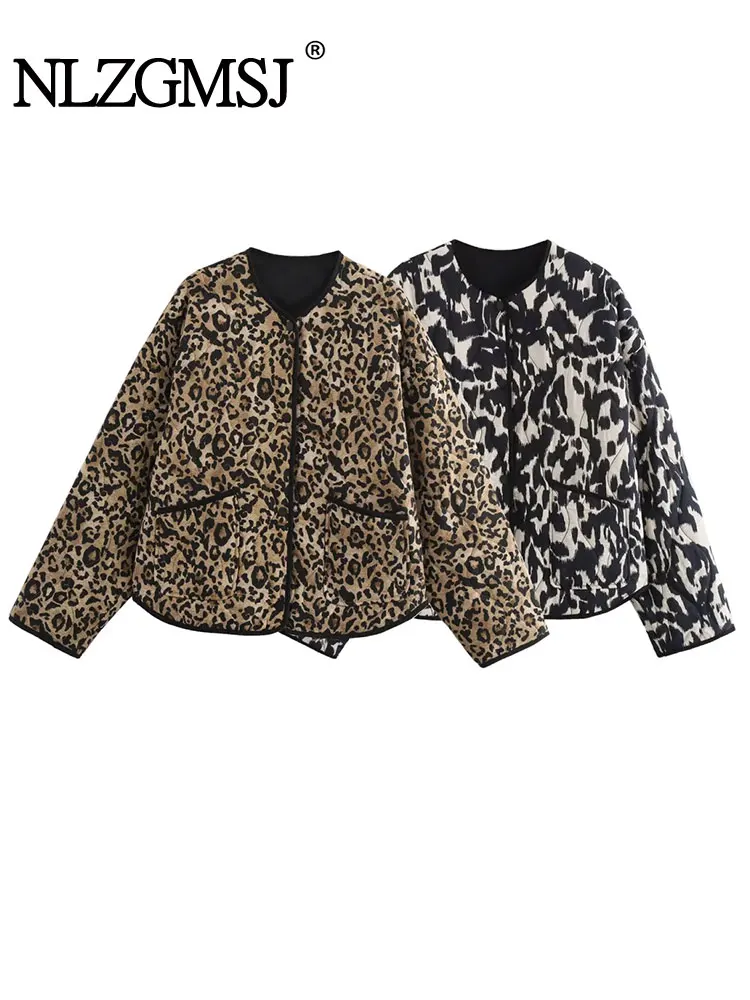 TRAF 2024 otoño Retro estampado de leopardo abrigos con bolsillos para mujer moda Casual chaqueta Bomber de manga larga mujer Chic prendas de vestir