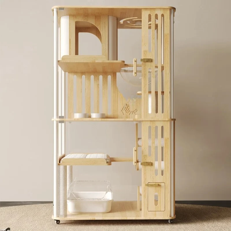 

Solid wood panoramic cat villa can put automatic cat litter box tempered glass wood