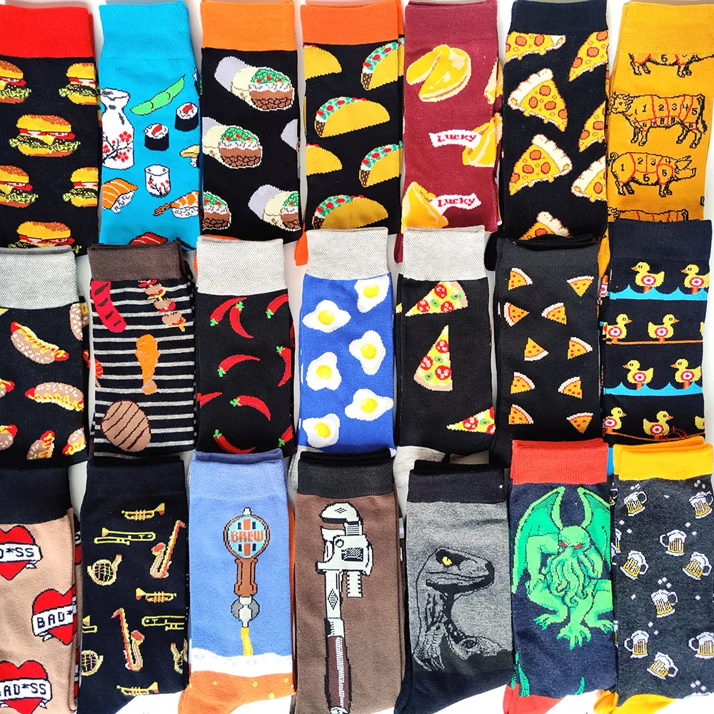 Носки мужские длинные хлопковые, смешные Мультяшные, для скейтборда, Рокет, гамбургер, пища, европейские размеры 37-42