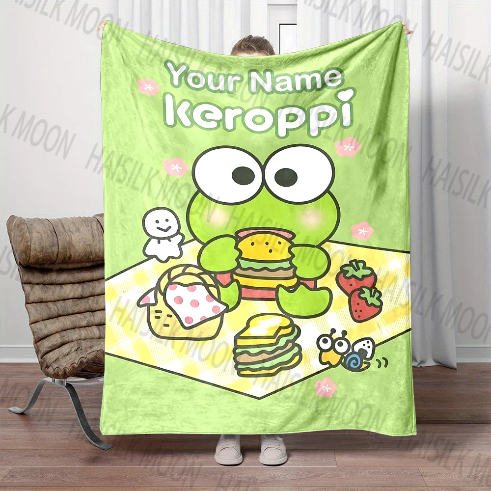 1PC Custom Name Sanrio Keroppi Printed Blanket, All-Season Multi-Use for Nap, Camping, Travel, Car,Sofa Bed Machine Washable