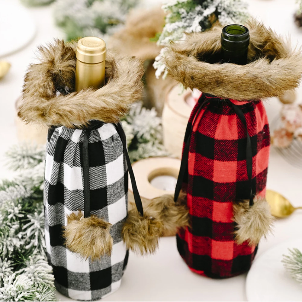 New Velvet Red Christmas Black Wine Bottle Celebration Supplies Plaid Velvet Ball Wine Bottle Sleeve Holiday Bestselling Plaid