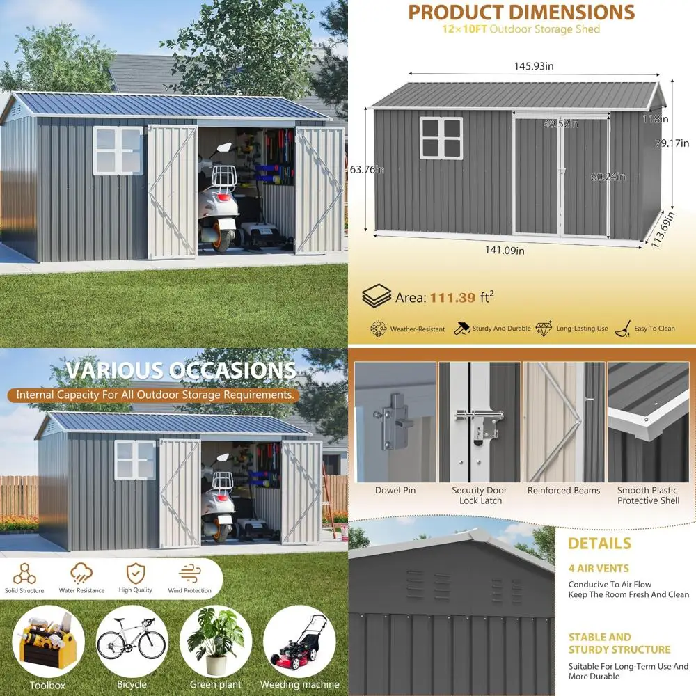 

Durable Metal Outdoor Storage Shed with Floor, Rustic Window, and Secure Locking Doors