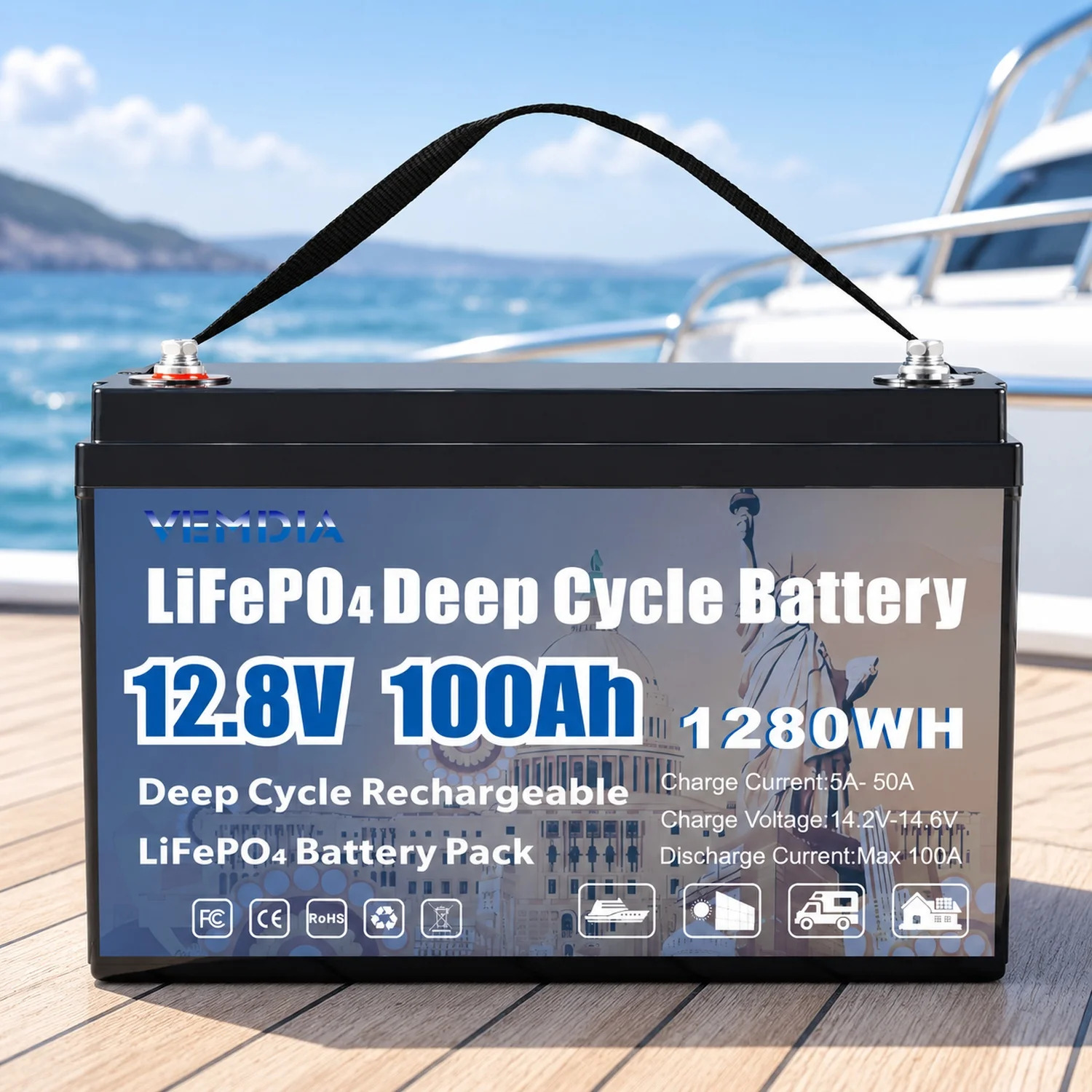 12V 100 AH, Marine Rechargeable Battery, High Self-Discharge Rate 800A Current, for Solar Marine Off-Grid Backup Battery System
