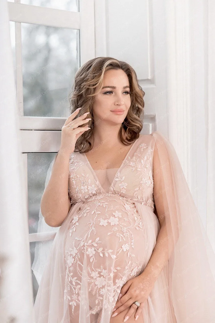 Elegant Lace Maternity Dresses For Photo Shoot V Neck High Slit Appliques Bridal Pregnancy Evening Gowns Long Sleeves