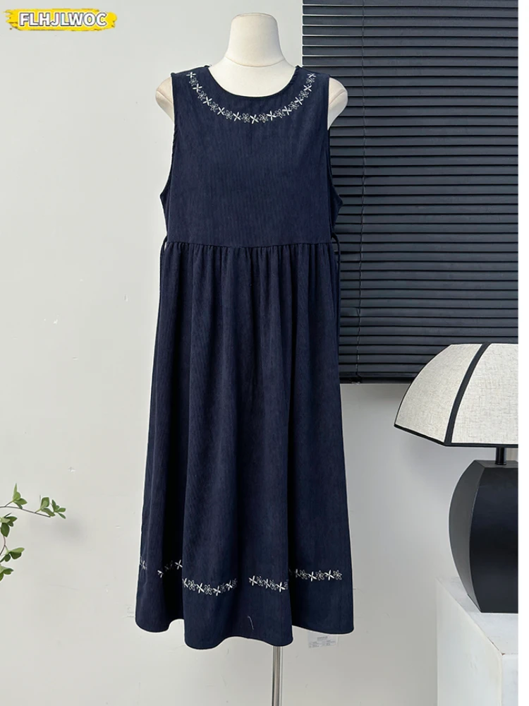 Tweedelige shirtjurken Art Mori meisjes lange jurk vrouw retro vintage Japanse stijl schattige zoete ruches borduurwerk corduroy jurk