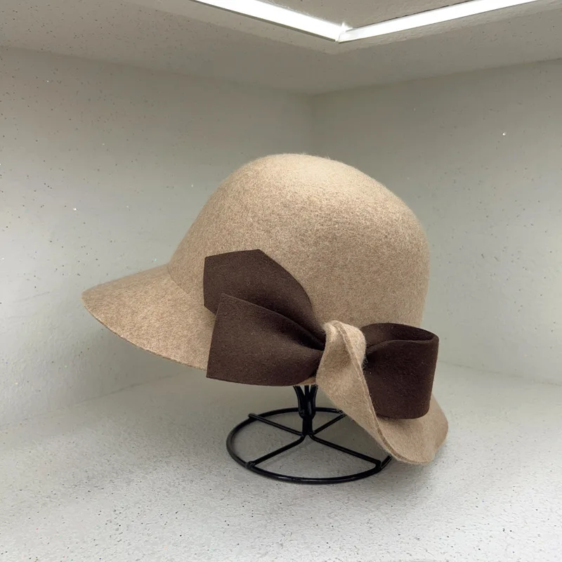 Fashion Round Top Wool Fisherman Bucket Hats Women Back Opening Bow Wide Brim Fedora Hat French Elegant Hat Chapeau Feutre Femme