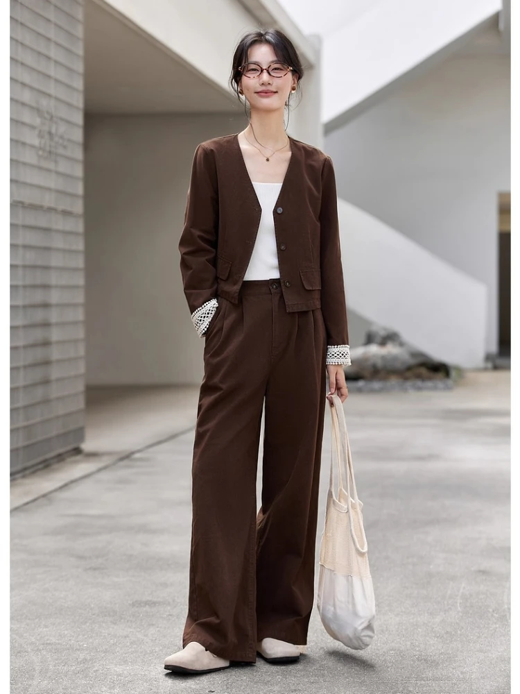 

VIMLY Woman 2 Piece Outfit Set Brown Autumn 2025 Vintage Lace Cuff V-neck Jackets Wide Legs Long Pants Female Trouser Sets A2003