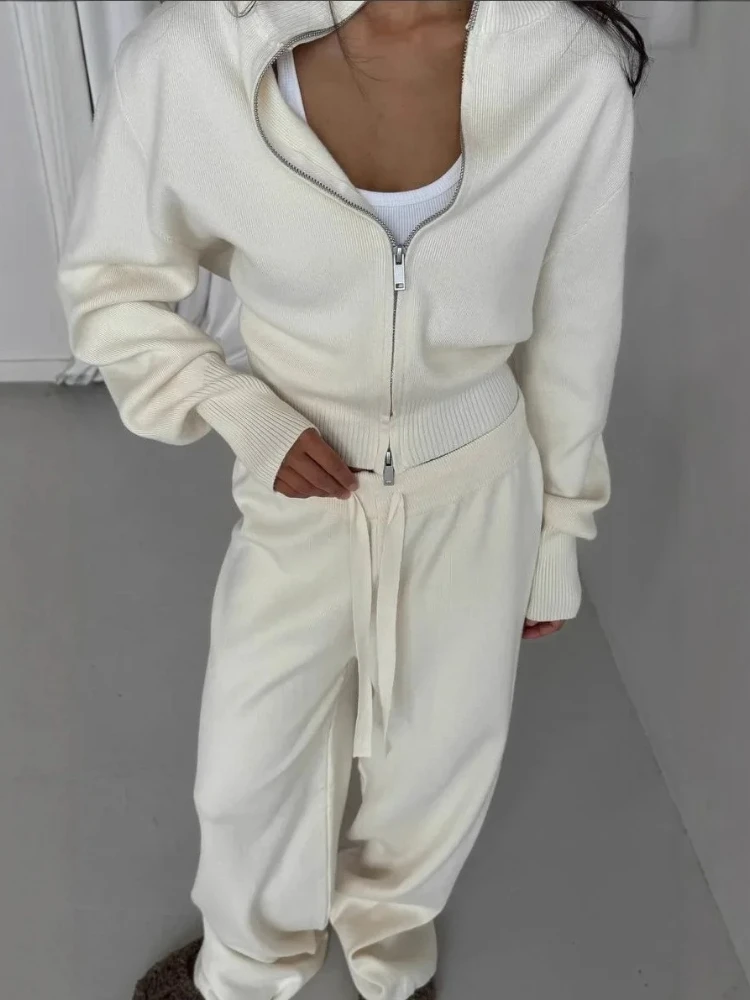 Autumn Winter Women's Cotton Zip Up Knit Cardigan Pants Set Trendy Slim Fit Chic Commuting Sweater  2 Piece Sets Womens Outfits