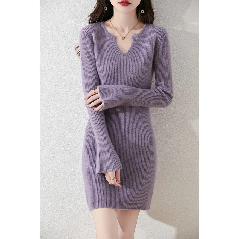 Women's sweater long autumn/winter 100% pure wool pullover casual solid knitted Tops fit v-neck Blouse basic trumpet sleeves