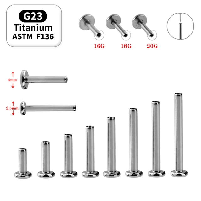 G23 Titanium Labret Lip Nose Piercing Stud Earring Pin 14G 16G 20G Biżuteria do ciała Części narzędzi Akcesoria ASTM F136 Hurtownia