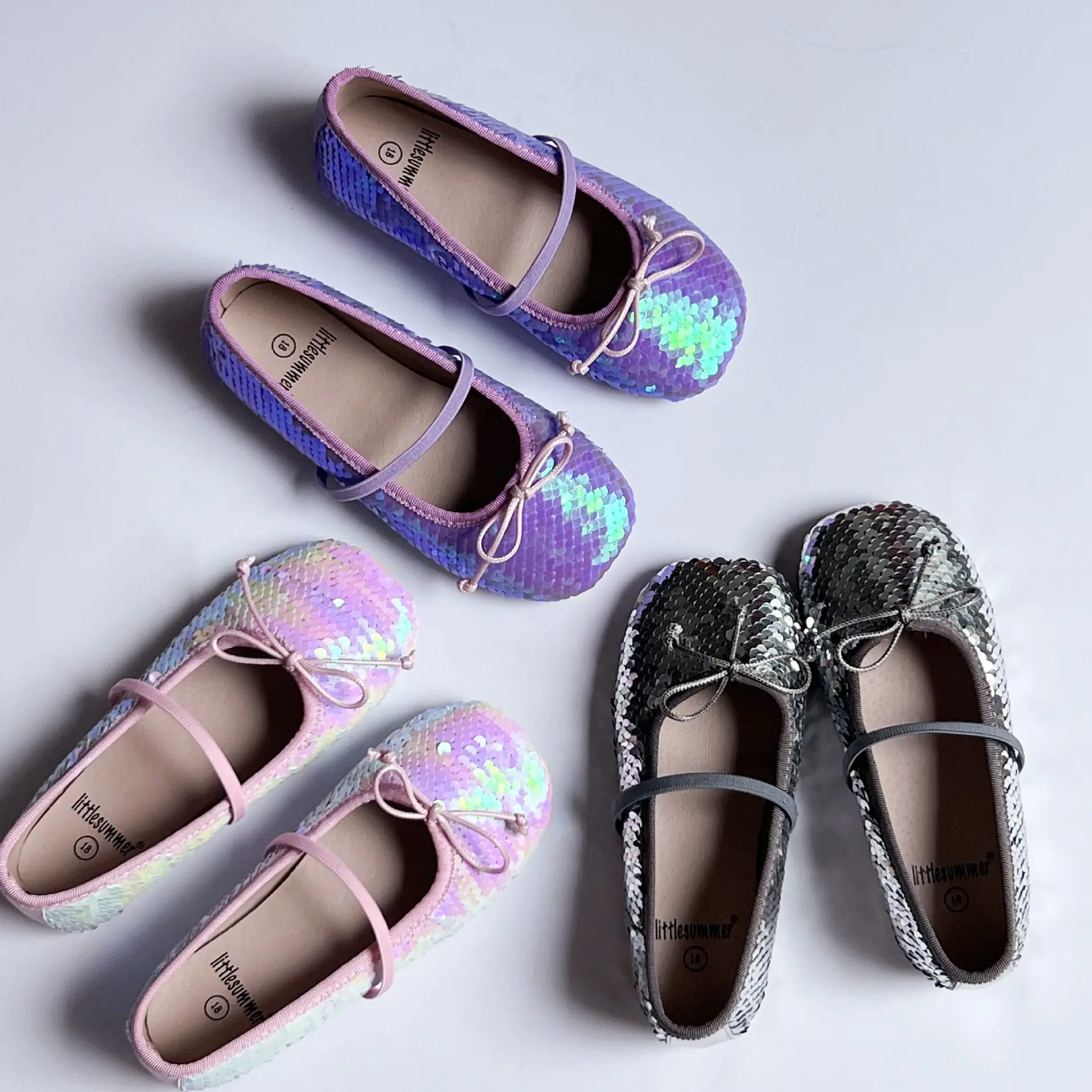 Chaussures de danse de ballet à paillettes bicolores pour filles, nœud d'écailles de sirène douces, chaussures plates pour enfants, chaussures de soirée pour enfants