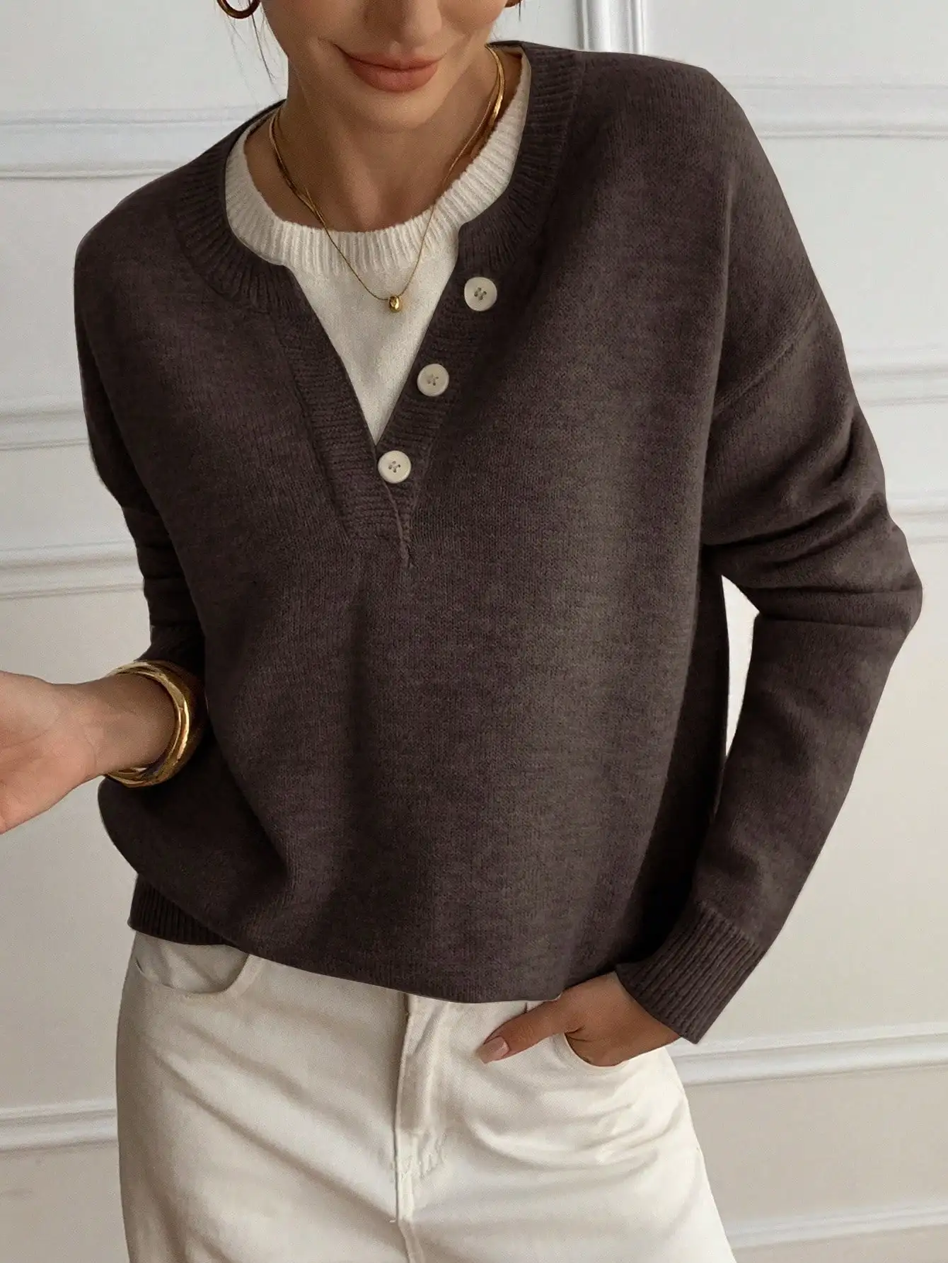 Women's Fake Two-Piece Henry Collar Knit Sweater, Color Block Button Long Sleeve, Autumn Winter Gentle Commute Pullover Top