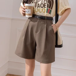 2024 New Women's Half Pants Summer Spring Vintage High Waist Solid Color Pockets Straight Wide Legs Suit Short Pants Female