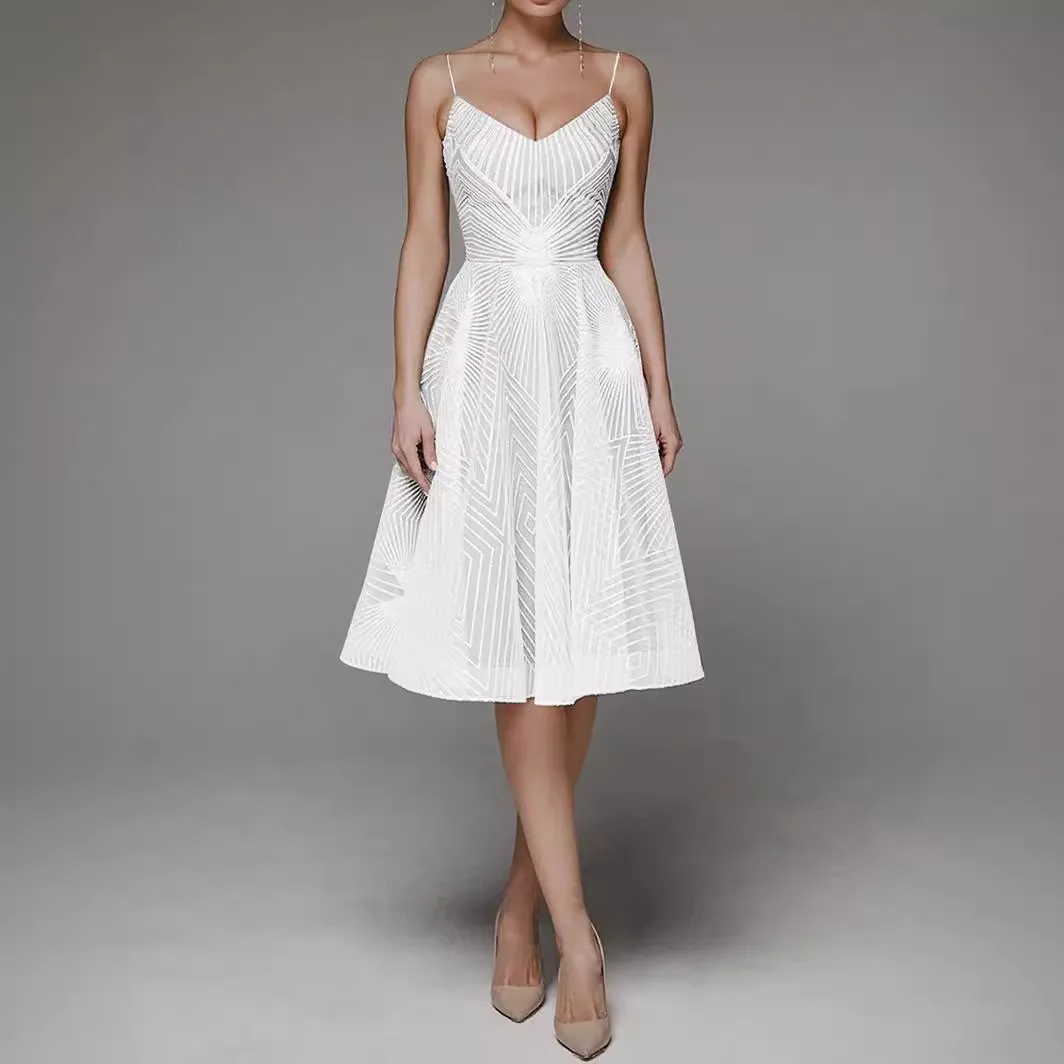 Women's Summer Wedding Guest Dress Long Sleeveless Floral Embroidery Low Waist Zipper Elegant Party for Wedding Prom Dress