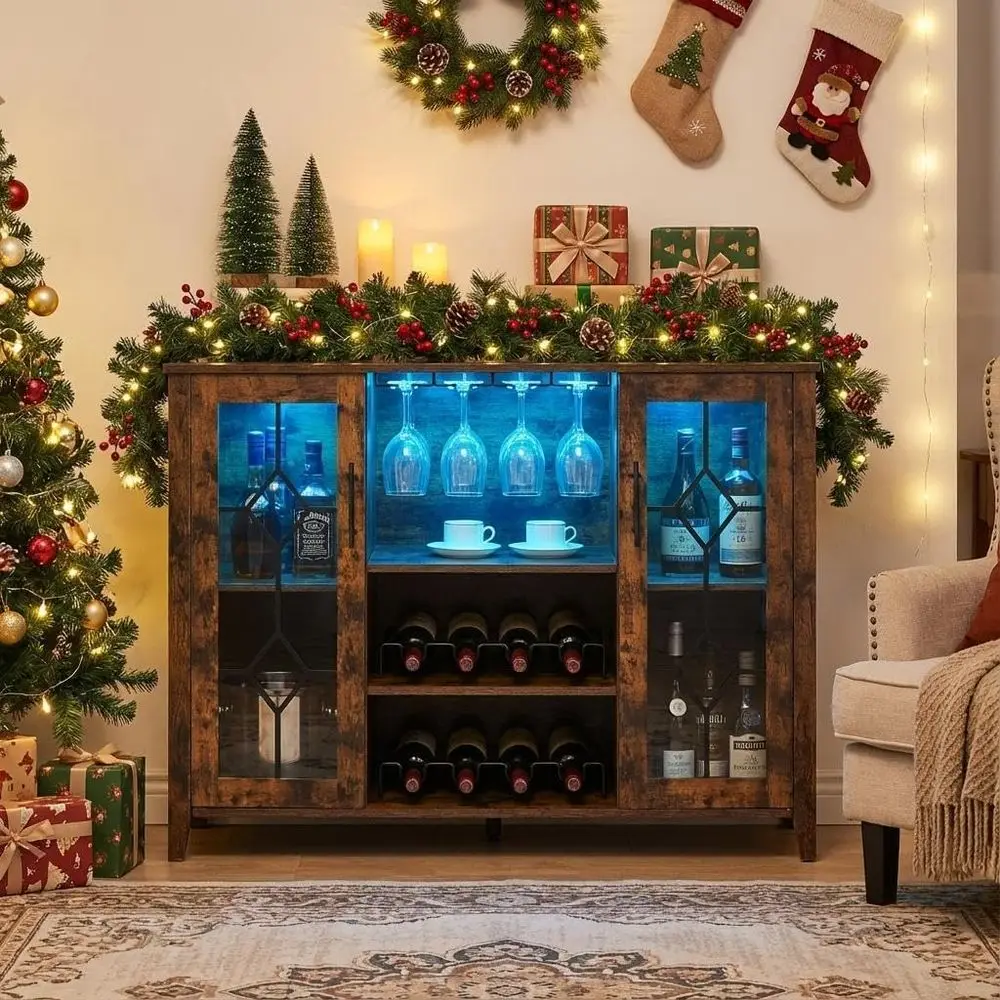 

Барный шкаф со светодиодной подсветкой и стеклянной дверцей, шкаф для алкоголя с винной полкой и полками для стаканов, кофейный барный стол с местом для хранения и регулируемыми полками