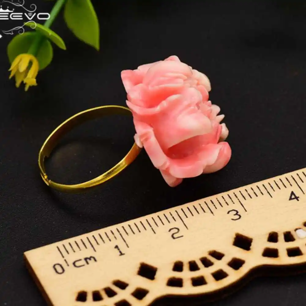 Pink Coral Flower 18K Ring For Women Original Adjustable Ring Hook Mother's Day Women Diy Gift Party Classic Aquaculture Wedding