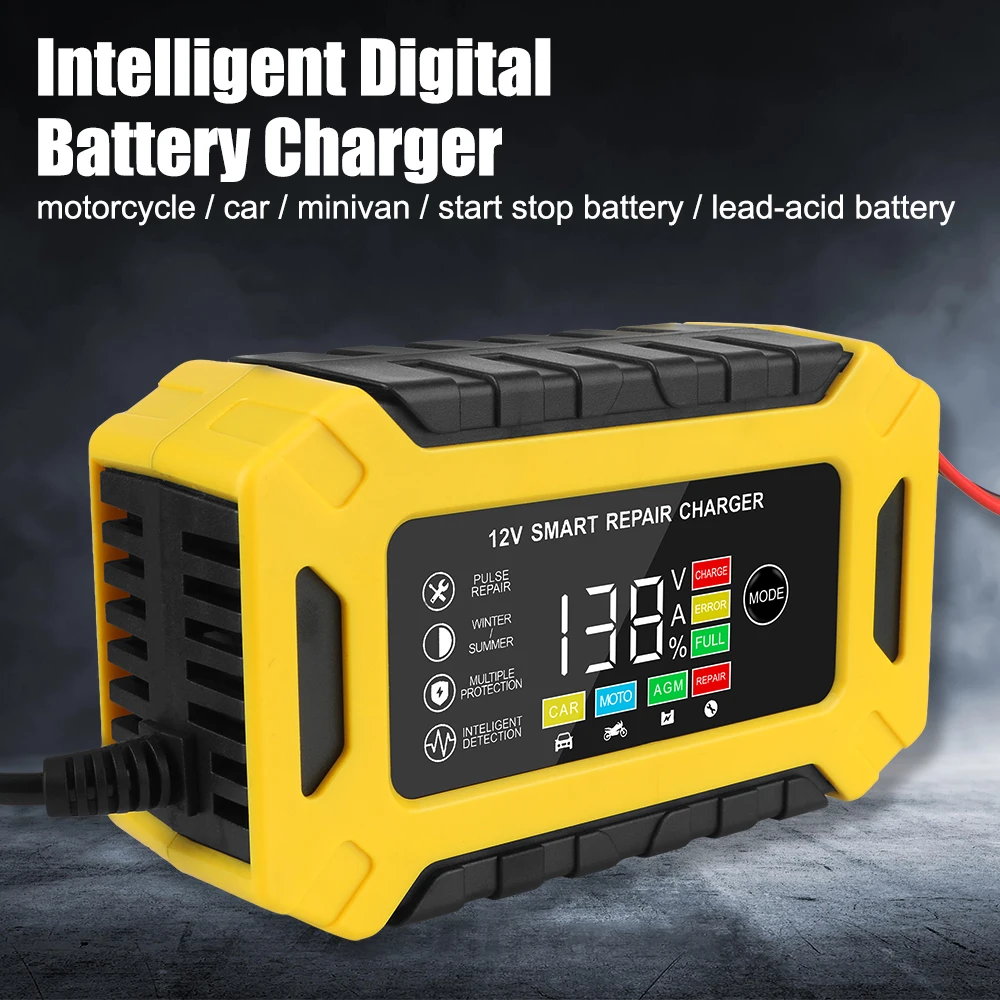 12V 6A Smart Truck Motorcycle Charger Wet Dry Lead Acid Gel Charger Car Auto Battery Charger Pulse Repair Digital LCD Display