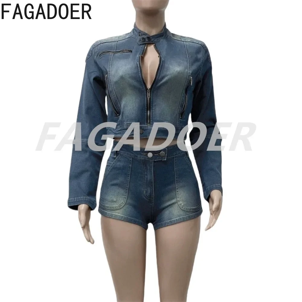 FAGADOER Retro Denim 2 Piece Sets Women Outfit Zip Crop Denim Jacket + Shorts Sets Stretchy Suits Female Streetwear Clothing