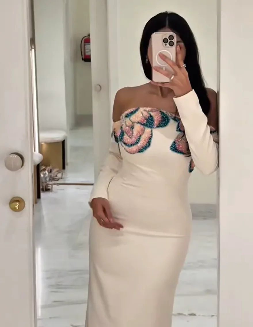 Białe Kryształowe Sukienki na Bal Maturalny Syrenka z Odkrytymi Ramionami Długie dla Kobiet 2026 Długi Rękaw Formalne Suknie Wieczorowe Szyte na Miarę