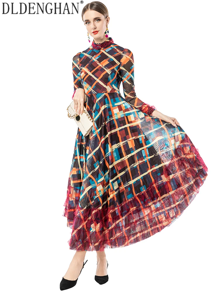 DLDENGHAN المرأة منقوشة طباعة الوقوف طوق فستان بكم طويل الكشكشة أنيقة فستان حفلة الخريف المألوف الإناث فستان طويل #5