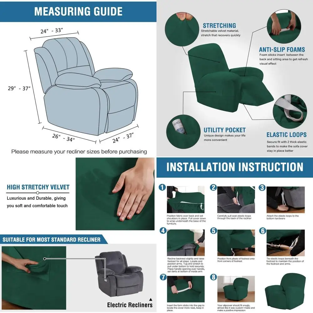 

Modern Velvet Stretch Recliner Slipcover - 1-Piece Sofa Furniture Protector, Rich & Soft Fabric, Christmas Green, Large