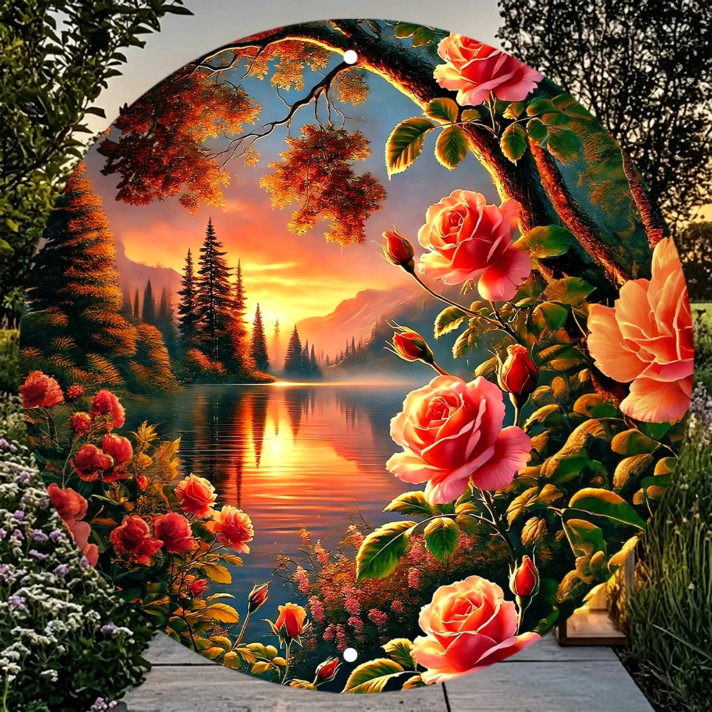 JIT 1-pc Orange sunset mountain red rose landscape print round metal tin sign wall decor, lightweight & smooth surface, this artistic metal tin sign fits bedroom, entryway and garden for multi-space wall decoration, ideal decorative gift for home lovers view 6