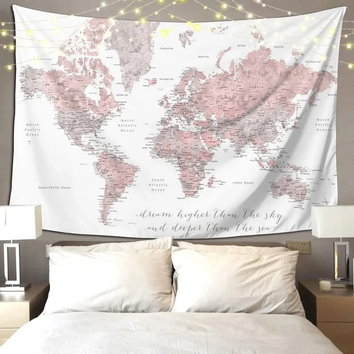 Inspirational Watercolor World Map With Cities Tapestry Art Wall Hanging Home Decor Tapestries for Living Room Bedroom Dorm Room