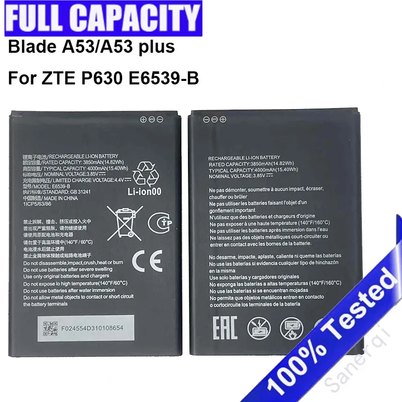 4000mAh Replacement P630 E6539-B Battery For ZTE Blade A53/A53 plus P630 E6539-B Bateria