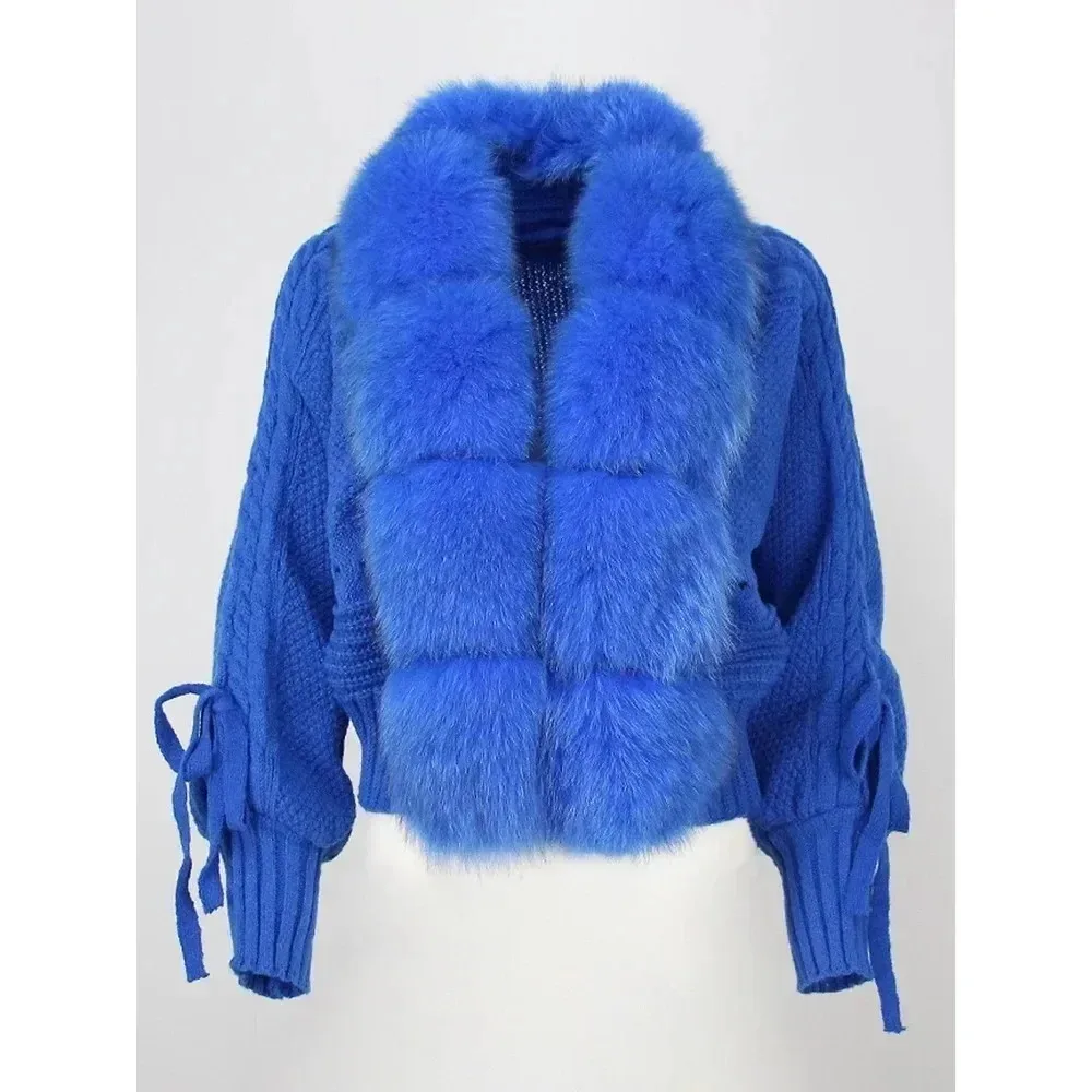 سترة محبوكة مع بلاكيت من فرو الثعلب الطبيعي للنساء ، معطف غير رسمي ، ياقة من الفرو الحقيقي ، قصيرة ، دافئة ، فضفاضة ، جديدة ، على الموضة الشتوية ،