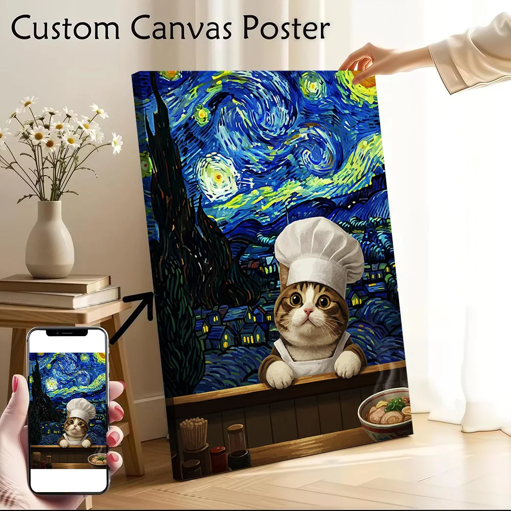 Cat Chef Van Gogh Style Printed Canvas Wall Art Customizable Paintings Poster Perfect Gift for Modern Home Decoration Ornaments
