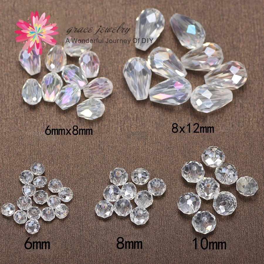 50pcs Clear Imitation Crystal Rondelle Glass Loose Spacer Beads Faceted Waterdrop Bead For Bracelet Bride Hair Jewelry Making