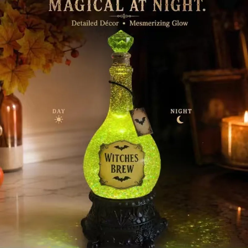 Halloween Glowing Magic Potion Bottle Ornament Witches Brew Retro Apothecary Wine Bottle Prop for Mantel Party Home Decor Gift