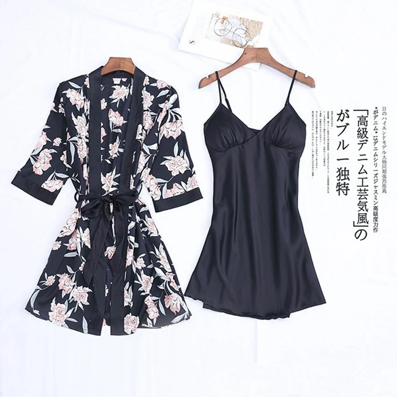 Floral Print Women Summer Pajamas Half Sleeve Belt Cardigan Chest Padded Slip Dress 2 Piece Set Women Outfits Chic Homewear Suit