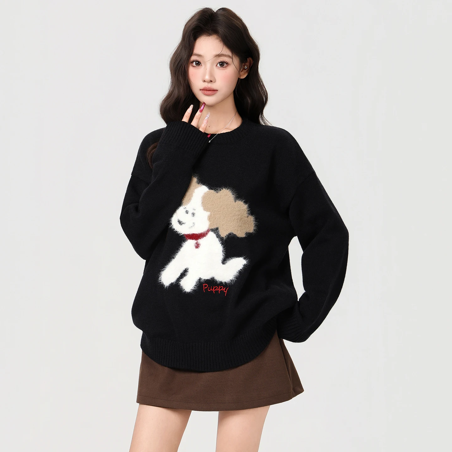 

Black Puppy Pullover Knitted Sweater for Women's Autumn and Winter New Style, High-end and Lazy Style Shoulder Top