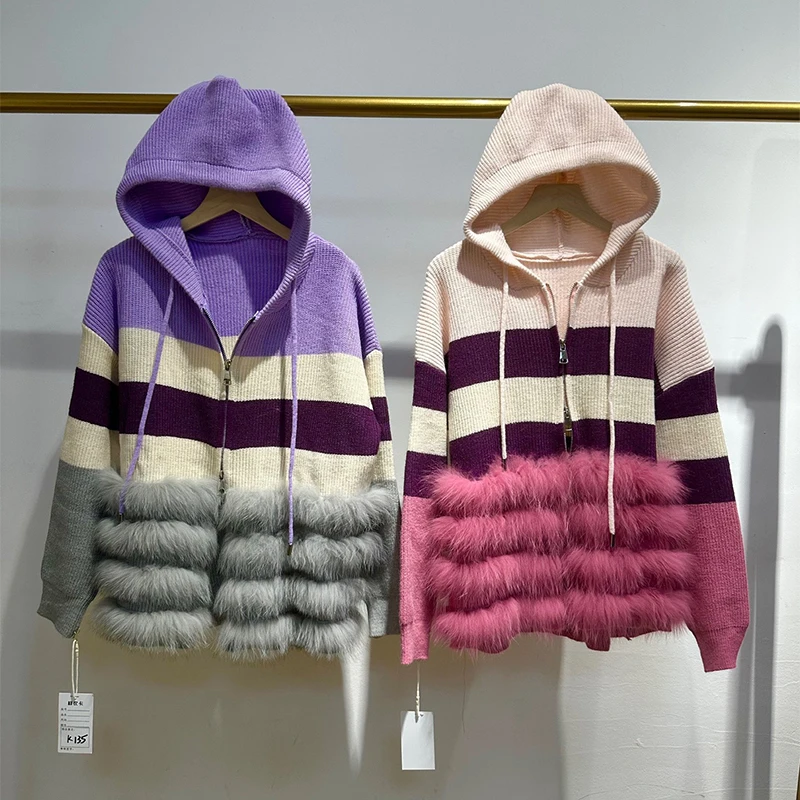 

Новое поступление, женский зимний полосатый натуральный лисьий мех, толстый вязаный свободный роскошный фиолетовый свитер для девочек, куртка с капюшоном, пальто