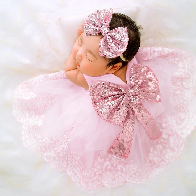 Ylsteed Newborn Photography Outfits Girl Big Bow Lace Dress with Glitter Bow Headband 100-dniowa suknia do sesji zdjęciowej dla dziewczynki
