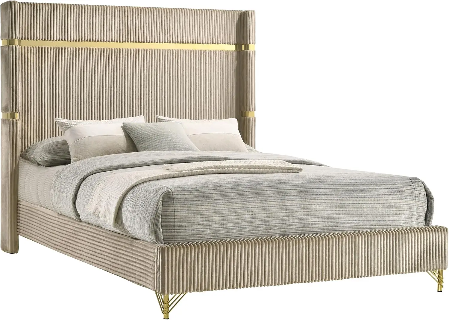 Lucia-Moldura moderna clássica de veludo, estrutura de cama queen size, cabeceira bege, 61 polegadas, 224731q