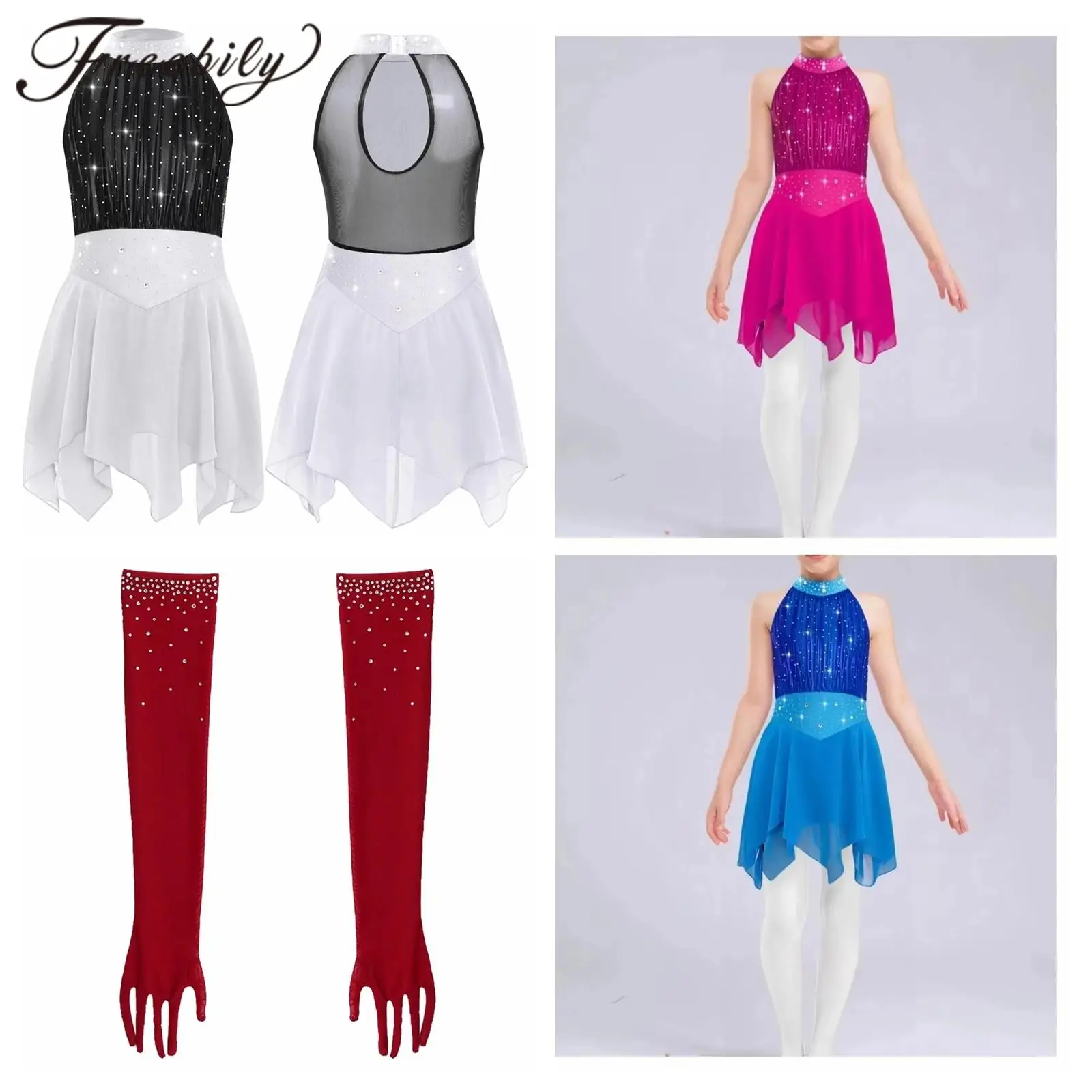 

Girls Skating Dress Lyrical Dance Costume Modern Contemporary Ballet Skirted Leotard Dress Stage Dancewear Ice Skating Clothes