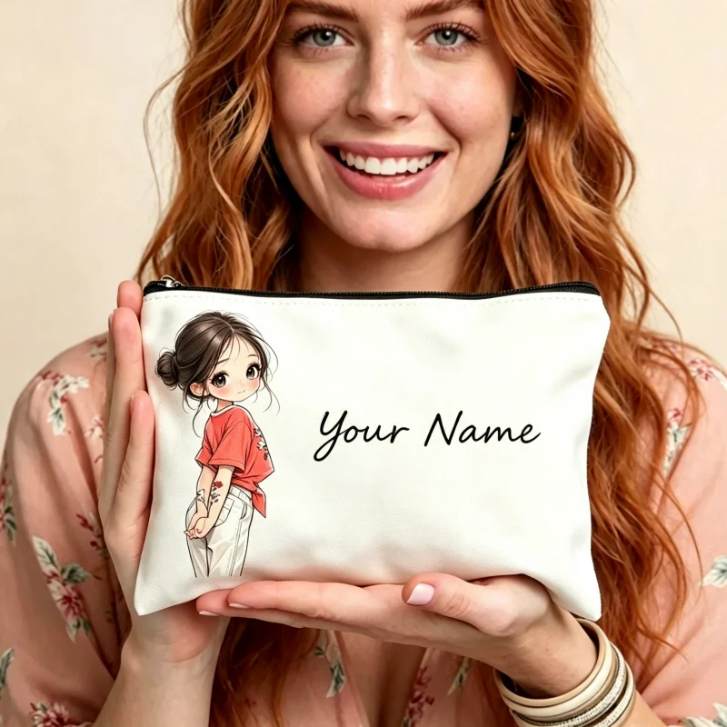 Custom Name Bun Hair Cartoon Girl Print Make Up Bag Zipper Cosmetic Bag Toiletry Storage Pencil Case Gift for Women Makeup Bags